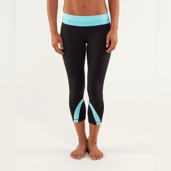 Lululemon Run Inspire II Crop Pants Black and Aqua Blue Size 8 - Picture 2 of 13